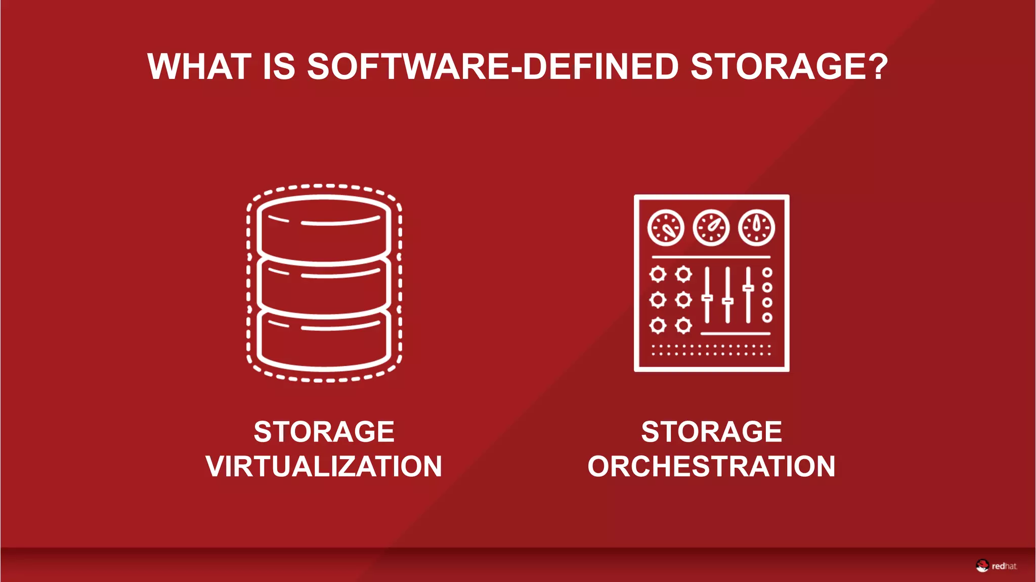 WHAT IS SOFTWARE-DEFINED STORAGE?
STORAGE
VIRTUALIZATION
STORAGE
ORCHESTRATION
 