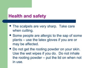 Health and safety
 The

scalpels are very sharp. Take care
when cutting.
 Some people are allergic to the sap of some
plants – use the latex gloves if you are or
may be affected.
 Do not get the rooting powder on your skin.
Use the wet wipes if you do. Do not inhale
the rooting powder – put the lid on when not
in use.

 