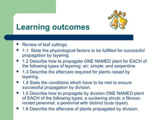 Learning outcomes









Review of leaf cuttings.
1.1 State the physiological factors to be fulfilled for successful
propagation by layering.
1.2 Describe how to propagate ONE NAMED plant for EACH of
the following types of layering: air; simple; and serpentine
1.3 Describe the aftercare required for plants raised by
layering.
1.4 State the conditions which have to be met to ensure
successful propagation by division.
1.5 Describe how to propagate by division ONE NAMED plant
of EACH of the following types: a suckering shrub; a fibrousrooted perennial; a perennial with distinct buds (eyes).
1.6 Describe the aftercare of plants propagated by division.

 