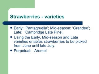 Strawberries - varieties

   Early: ‘Pantagruella’; Mid-season: ‘Grandee’;
    Late: ‘Cambridge Late Pine’.
   Using the Early, Mid-season and Late
    varieties enables strawberries to be picked
    from June until late July.
   Perpetual: ‘Aromel’
 