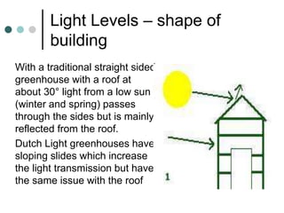 Light Levels – shape of
building
With a traditional straight sided
greenhouse with a roof at
about 30° light from a low sun
(winter and spring) passes
through the sides but is mainly
reflected from the roof.
Dutch Light greenhouses have
sloping slides which increase
the light transmission but have
the same issue with the roof
 