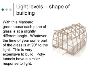 Light levels – shape of
building
With this Mansard
greenhouse each pane of
glass is at a slightly
different angle. Whatever
the time of year some part
of the glass is at 90° to the
light. This is very
expensive to build. Poly-
tunnels have a similar
response to light.
 