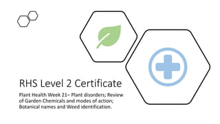 RHS Level 2 Certificate
Plant Health Week 21– Plant disorders; Review
of Garden Chemicals and modes of action;
Botanical names and Weed identification.
 