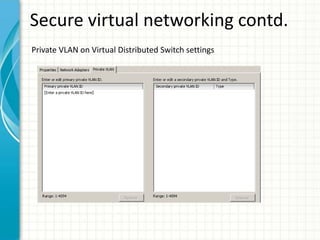 Secure virtual networking contd.
Private VLAN on Virtual Distributed Switch settings
 