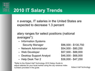 2010 IT Salary Trends On average, IT salaries in the United States are expected to decrease 1.3 percent Salary ranges for select positions (national averages*): Information Systems  Security Manager  $96,500 - $130,750 Network Administrator  $54,500 - $80,250 Web Developer  $57,500 - $88,000 Desktop Support Analyst  $46,500 - $68,000 Help Desk Tier 2  $36,000 - $47,250 *Refer to the  Robert Half Technology 2010 Salary Guide  to adjust salaries for your local market using the city variance index numbers provided in the guide. 
