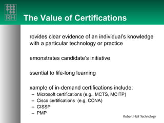 The Value of Certifications Provides clear evidence of an individual’s knowledge with a particular technology or practice Demonstrates candidate’s initiative Essential to life-long learning Example of in-demand certifications include: Microsoft certifications (e.g., MCTS, MCITP) Cisco certifications  (e.g, CCNA) CISSP PMP 