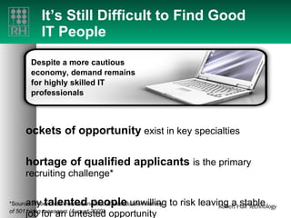 It’s Still Difficult to Find Good  IT People Pockets of opportunity  exist in key specialties Shortage of qualified applicants  is the primary recruiting challenge* Many  talented people  unwilling to risk leaving a stable job for an untested opportunity *Source:  Robert Half International and CareerBuilder ®  survey  of 501 hiring managers (August 2009) Despite a more cautious economy, demand remains for highly skilled IT professionals 