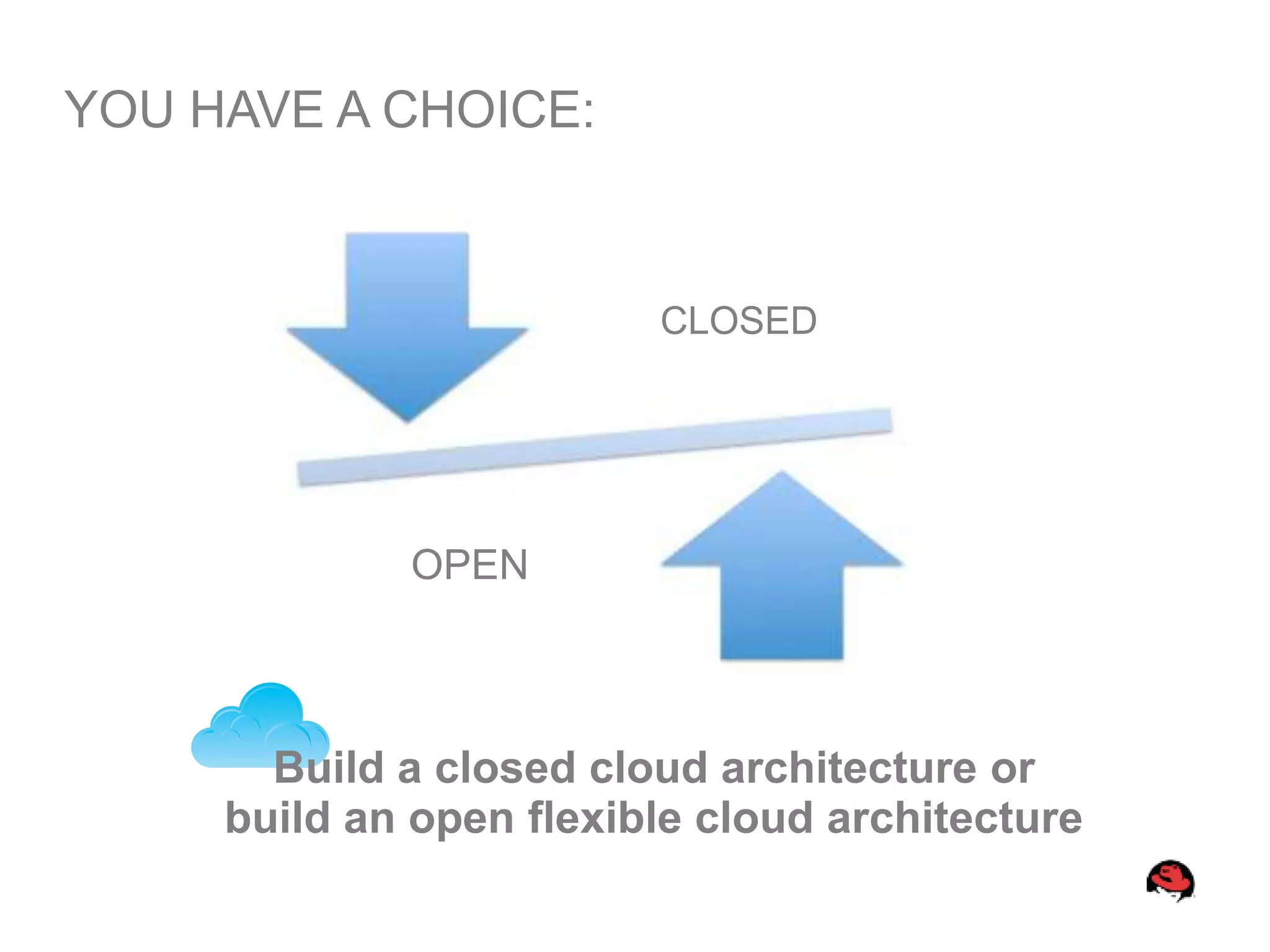 YOU HAVE A CHOICE:



                         CLOSED




             OPEN



       Build a closed cloud architecture or
     build an open flexible cloud architecture
 