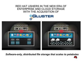 RED HAT USHERS IN THE NEW ERA OF
         ENTERPRISE AND CLOUD STORAGE
             WITH THE ACQUISITION OF




Software-only, distributed file storage that scales to petabytes
 