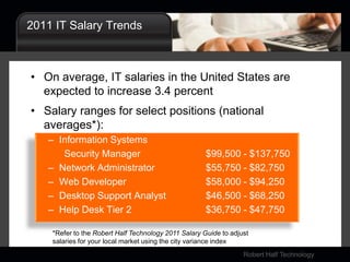 2011 IT Salary TrendsOn average, IT salaries in the United States are expected to increase 3.4 percentSalary ranges for select positions (national averages*):Information Systems       Security Manager 		$99,500 - $137,750Network Administrator 		$55,750 - $82,750Web Developer 			$58,000 - $94,250Desktop Support Analyst 		$46,500 - $68,250Help Desk Tier 2  		$36,750 - $47,750*Refer to the Robert Half Technology 2011 Salary Guide to adjust salaries for your local market using the city variance index numbers provided in the guide.
