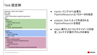 Copyright 2019 Red Hat K.K.7
Task O
 inputs: ץåȤ˱Ҫ
PipelineResource ȥѥ`ָ
 outputs: Task ˤäɤ
PipelineResource ָ
 steps: gФƥʥ`ָ
ƥʤgХ֥å΅gλ
apiVersion: tekton.dev/v1alpha1
kind: Task
metadata:
name: build-docker-image-from-git-source
spec:
inputs:
resources:
- name: docker-source
type: git
params:
- name: pathToDockerFile
???
outputs:
resources:
- name: builtImage
type: image
steps:
- name: build-and-push
image: gcr.io/kaniko-project/executor
command:
- /kaniko/executor
args:
- --dockerfile=${inputs.params.pathToDockerFile}
???
 
