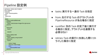 Copyright 2019 Red Hat K.K.9
Pipeline O
 tasks: gФһB Task ָ
 from: Ф Task ΥȥץåȤ
PipelineResource Ϥָ
 runAfter: e Task ˌgФ
ϤָȥץåȤBЯ
ҪϤʤ
 retries: Task ΌgФʧH˥
饤Ϥָ
apiVersion: tekton.dev/v1alpha1
kind: Pipeline
metadata:
name: tutorial-pipeline
spec:
resources:
???
tasks:
- name: build-skaffold-web
taskRef:
name: build-docker-image-from-git-source
params:
???
resources:
inputs:
???
outputs:
???
- name: deploy-web
taskRef:
name: deploy-using-kubectl
resources:
inputs:
???
- name: image
resource: web-image
from:
- build-skaffold-web
params:
???
 