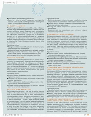 Robert Half Technology




     •	Hiring,	training,	motivating	and	evaluating	staff                           Typical duties include:
     •	Serving	 as	 a	 liaison	 to	 senior	 IT	 management,	 reporting	 on	 the	   •	Designing	major	aspects	of	the	architecture	of	an	application,	including
       status of current projects, identifying issues and assessing their            components such as user interface, middleware and infrastructure
       impact, and proactively recommending solutions                              •	Providing	technical	leadership	to	the	applications	development	team
                                                                                   •	Performing	design	and	code	reviews
     PROJECT MANAGER
                                                                                   •	Ensuring	 that	 uniform	 enterprisewide	 application	 design	 standards	
     Project managers must have demonstrated knowledge and experi-                   are maintained
     ence with project management methodologies in order to work with              •	Collaborating	with	other	stakeholders	to	ensure	architecture	is	aligned
     intricate, multifaceted projects. They need superb communication                with business requirements
     and interpersonal skills to collaborate with the development team
     and make project presentations. Employers look for a bachelor’s               BUSINESS SYSTEMS ANALYST
     degree in an IT- or business-related field, as well as a background           Business systems analysts should have a solid understanding of business
     in applications development, and five or more years of experience             functional areas, business management issues and data analysis. Excep-
     managing complex projects. Project management certifications, such            tional written and oral communication abilities are required. Leadership,
     as those from PMI (Project Management Institute), also are highly             initiative and advanced computer skills, including programming experi-
     recommended.                                                                  ence, also are integral. Employers often seek at least a bachelor’s degree
     Typical duties include:                                                       and several years of computer applications and business experience. For
     •	Managing	overall	coordination	of	IT	applications	development	projects,	     more technically challenging positions involving complex business sys-
       from planning through implementation                                        tems, a master’s degree with a concentration in information systems may
     •	Setting	project	scope,	priorities,	deadlines	and	deliverable	schedules      be required.
     •	Facilitating	discussions	and	consensus	among	various	project	stake-         Typical duties include:
       holders such as analysts, applications programmers and clients              •	Analyzing	complex	business	problems	and	assessing	how	automated		
     •	Managing	and	monitoring	project	budgets	and	expenditures                      systems can be implemented to solve them
                                                                                   •	Formulating	and	defining	the	objectives	and	scope	of	business	systems
     SYSTEMS ANALYST
                                                                                   •	Gathering	 data	 and	 analyzing	 business	 and	 user	 needs	 in	 consultation
     Candidates for a systems analyst position must be excellent analyti-            with both business managers and end users
     cal thinkers and problem solvers, as well as effective communicators.         •	Providing	IT	support	for	regulatory	and	compliance	activities	
     They need a broad understanding of, and experience working with,              •	Making	recommendations	on	hardware	and	software	procurement	to		
     hardware and software systems, including their installation, mainte-            support business goals
     nance and life cycles. Employers look for a minimum of a bachelor’s
     degree in information systems, computer science or a similar field,           CUSTOMER RELATIONSHIP MANAGEMENT
     along with five or more years of experience working with specific             (CRM) BUSINESS ANALYST
     applications and/or operating systems.                                        Employers seek CRM business analysts with proven analytical and prob-
                                                                                   lem-solving capabilities, as well as extensive technical and functional
     Typical duties include:
                                                                                   experience with specific CRM systems. Because CRM business analysts
     •	Analyzing	systems	hardware	and	software	problems	and	develop-
                                                                                   serve as liaisons between IT and business groups, strong interpersonal
       ing technical solutions
                                                                                   and communication skills are essential. Employers also may require a dem-
     •	Translating	 user	 and/or	 systems	 requirements	 into	 functional	
                                                                                   onstrated understanding of sales, marketing and other business processes.
       technical specifications
                                                                                   CRM business analysts must be able to anticipate the organizational im-
     •	Writing	and	maintaining	detailed	systems	documentation,	includ-	
                                                                                   pact of process changes. A bachelor’s degree in a computer- or business-
       ing user manuals and technical manuals
                                                                                   related discipline is typically required, as is thorough knowledge of the
     •	Acting	 as	 a	 liaison	 between	 developers	 and	 end	 users	 to	 ensure
                                                                                   employer’s existing CRM applications.
       technical compatibility and satisfaction
                                                                                   Typical duties include:
     APPLICATIONS ARCHITECT
                                                                                   •	Translating	business	requirements	into	user	and	functional	requirements
     Applications architects require a high level of technical expertise           •	Conducting	root	cause	analysis	in	support	of	process	improvements
     combined with excellent planning, coordination and communication              •	Planning,	 conducting	 and	 directing	 the	 analysis	 of	 complex	 business	
     skills, as well as the ability to work on teams. Practitioners must             issues to be solved with process changes and information systems
     have experience with relevant development tools and specific appli-           •	Working	closely	with	business	users	to	resolve	ongoing	functional	issues
     cation and system architecture, in addition to a strong understanding
     of object-oriented design. A bachelor’s degree in computer science            CUSTOMER RELATIONSHIP MANAGEMENT
     or information systems is normally required, and a master’s degree is         (CRM) TECHNICAL DEVELOPER
     highly desirable. Employers seek a minimum of five to eight years of          Candidates for CRM technical developer positions must be able to work
     related work experience and often look for software skill sets such           creatively and analytically in a problem-solving environment to develop,
     as AJAX, C#/C++ and LAMP. Expertise in the design, development                enhance and maintain CRM solutions. They also need strong interpersonal
     and deployment of enterprise-level N-tier architecture in a Microsoft         and communication skills in order to collaborate effectively with busi-
     .NET Framework or Java Enterprise Edition platform may be required.           ness analysts, developers and other stakeholders. A bachelor’s degree in
                                                                                   a computer-related field is typically required. Specific programming and

SALARY GUIDE 2012                                                                                                                                             16 t u
 