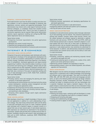 Robert Half Technology                                                                                                                                  Jobs




    PORTAL ADMINISTRATOR                                                       Typical duties include:
    Portal administrators must have the ability to analyze and solve com-      •	Gathering	 business	 requirements	 and	 developing	 specifications	 for	
    plex problems, as well as extensive knowledge of enterprise web              web-based applications
    applications, services, systems and supporting technologies. Portal        •	Providing	technical	assistance	to	web	administrators
    administrators may interact with a wide range of technical and non-        •	Integrating	websites	with	back-end	systems	such	as	databases
    technical colleagues, so candidates should have excellent written          •	Writing	test	plans	and	test	results
    and verbal communication skills. Three to five years of systems ad-        WEB ADMINISTRATOR
    ministration experience may be required. Many portal administrator         Candidates for web administrator positions need a thorough understand-
    positions require experience installing and configuring IBM Web-           ing of web technology and the Internet. They should be experienced in
    Sphere Application Server and related products.                            working with firewalls, intranets, domain name services, servers, and
    Typical duties include:                                                    the related hardware and software required to administer a website.
    •	Integrating	 functional	 requirements	 into	 portal	 applications	       Familiarity with web services, TCP/IP, FTP, HTTP and HTTPS, LDAP and
      development                                                              similar Internet protocols also is required. A bachelor’s degree in a com-
    •	Managing	user	access	to	portal	resources	                                puter-related field and at least two to three years of experience in a
    •	Deploying	and	managing	portlet	applications                              web administration role are standard requirements, although additional
    •	Ensuring	reliability	and	availability	of	enterprise	web	environments     experience in web-related positions may sometimes be substituted for
                                                                               formal education. In addition, web administrators should have excellent
    Internet & E-commerce                                                      communication and customer-service skills and the ability to work well
                                                                               in a team environment.
    SENIOR WEB DEVELOPER
    Companies hiring senior web developers seek individuals with exten-        Typical duties include:
    sive experience in all phases of the web application development life      •	Installing,	 customizing,	 updating	 and	 maintaining	 corporate	 internal	
    cycle, as well as an excellent understanding of customer needs and           and external web pages and sites
    business strategy. Candidates should have expertise in the develop-        •	Creating	and	analyzing	reports	on	web	activity,	number	of	hits,	traffic	
    ment of multiplatform, distributed applications and object-oriented          patterns and similar performance metrics
    programming. In addition, they should be adept at working in a team        •	Monitoring	customer	feedback	and	responding	to	inquiries
    environment and mentoring junior colleagues. Sample code and web           •	Recommending	network,	server	and	related	equipment,	and	software	
    links to sample work are often requested. Employers normally seek a          upgrades and improvements
    bachelor’s degree in computer science, electrical engineering or a re-     WEB DESIGNER
    lated field, plus a minimum of five years of experience working with       Web designers must be creative and possess excellent design and con-
    a mix of web technologies such as AJAX, Adobe Flash, JavaScript,           ceptual skills in combination with in-depth knowledge of the technology
    SOAP and HTML/DHTML.                                                       and software used to create web pages. They need to be familiar with
    Typical duties include:                                                    HTML, XML, JSP, CSS, PHP, AJAX, and similar web languages and plat-
    •	Providing	 creative	 vision	 and	 managing	 the	 planning	 and	 imple-   forms, as well as the following Adobe web page and design software:
      mentation of web-based applications                                      Photoshop, Illustrator, Acrobat, Dreamweaver and Flash. The ability to
    •	Coordinating	and	communicating	cross-functional	activities	among	        multitask and adapt to changing priorities and new technologies also
      product development, marketing, product management and other             is essential. Employers may require a bachelor’s degree in fine arts,
      teams in bringing new applications online                                graphic design or communications but often are more interested in three
    •	Diagnosing	and	fixing	bugs	found	by	quality	assurance	testers            or more years of design and production experience and a strong portfolio
    •	Overseeing	 application	 coding	 and	 providing	 technical	 expertise	   of web designs.
      and mentoring to other developers                                        Typical duties include:
    •	Increasing	 online	 exposure	 through	 search	 engine	 optimization	     •	 Working	with	design	teams,	marketing	staff	and	developers	to	create	
      best practices                                                              a consistent and compelling visual style for a company’s website
    WEB DEVELOPER                                                              •	 Designing	and	formatting	web	pages
    Web developers should have in-depth knowledge of Internet proto-           •	 Testing	and	troubleshooting	web	page	features
    cols and applications in addition to a solid understanding of busi-        •	 Creating	artwork	to	appear	on	web	pages
    ness strategy. They need strong communication skills and the ability
    to work both individually and as part of a team. Employers typically
    seek individuals with a bachelor’s degree in computer science or a
    related field, plus at least several years of web-related experience.
    Work experience can sometimes be substituted for the educational
    requirement. Sample code and web links to sample work are often re-
    quested. Candidates should be well-versed in web technologies and
    tools such as AJAX, ColdFusion, JavaScript, SOAP, HTML/DHTML,
    LAMP and others.


SALARY GUIDE 2012                                                                                                                                         21 t u
 