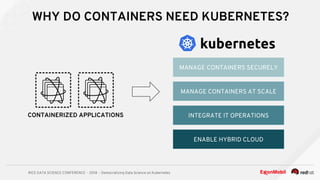 RICE DATA SCIENCE CONFERENCE - 2018 - Democratizing Data Science on Kubernetes
WHY DO CONTAINERS NEED KUBERNETES?
CONTAINERIZED APPLICATIONS
MANAGE CONTAINERS SECURELY
MANAGE CONTAINERS AT SCALE
INTEGRATE IT OPERATIONS
ENABLE HYBRID CLOUD
 