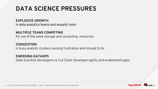RICE DATA SCIENCE CONFERENCE - 2018 - Democratizing Data Science on Kubernetes
DATA SCIENCE PRESSURES
EXPLOSIVE GROWTH
in data analytics teams and analytic tools
MULTIPLE TEAMS COMPETING
for use of the same storage and computing resources
CONGESTION
in busy analytic clusters causing frustration and missed SLAs
EMERGING DATAOPS
Data Scientist Developers vs Full Stack Developer agility and enablement gaps
 