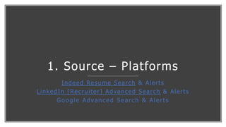 1. Source – Platforms
Indeed Resume Search & Alerts
LinkedIn [Recruiter] Advanced Search & Alerts
Google Advanced Search &...