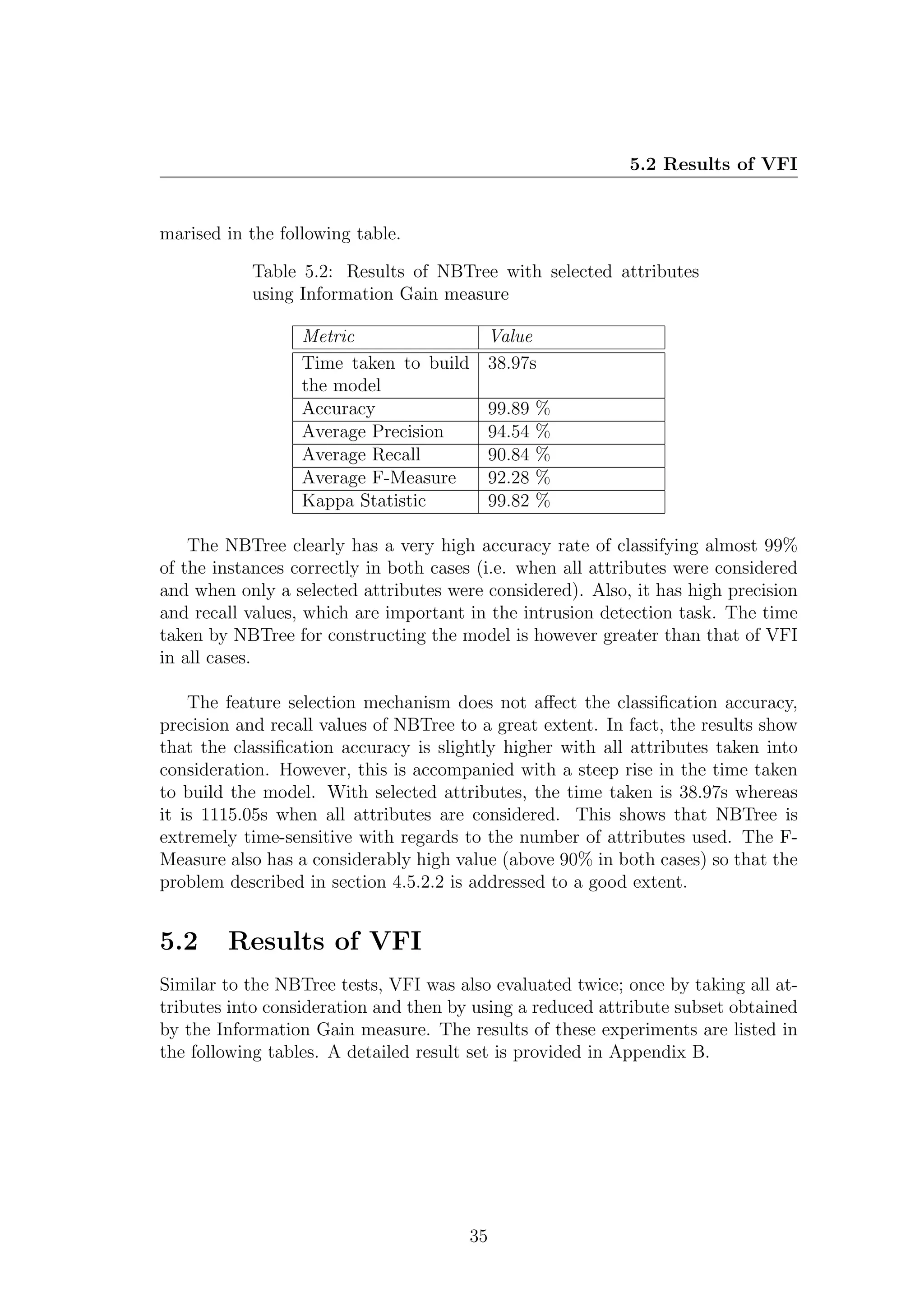 5.2 Results of VFI


marised in the following table.

           Table 5.2: Results of NBTree with selected attributes
           using Information Gain measure

                  Metric                     Value
                  Time taken to build        38.97s
                  the model
                  Accuracy                   99.89   %
                  Average Precision          94.54   %
                  Average Recall             90.84   %
                  Average F-Measure          92.28   %
                  Kappa Statistic            99.82   %

    The NBTree clearly has a very high accuracy rate of classifying almost 99%
of the instances correctly in both cases (i.e. when all attributes were considered
and when only a selected attributes were considered). Also, it has high precision
and recall values, which are important in the intrusion detection task. The time
taken by NBTree for constructing the model is however greater than that of VFI
in all cases.

    The feature selection mechanism does not aﬀect the classiﬁcation accuracy,
precision and recall values of NBTree to a great extent. In fact, the results show
that the classiﬁcation accuracy is slightly higher with all attributes taken into
consideration. However, this is accompanied with a steep rise in the time taken
to build the model. With selected attributes, the time taken is 38.97s whereas
it is 1115.05s when all attributes are considered. This shows that NBTree is
extremely time-sensitive with regards to the number of attributes used. The F-
Measure also has a considerably high value (above 90% in both cases) so that the
problem described in section 4.5.2.2 is addressed to a good extent.


5.2     Results of VFI
Similar to the NBTree tests, VFI was also evaluated twice; once by taking all at-
tributes into consideration and then by using a reduced attribute subset obtained
by the Information Gain measure. The results of these experiments are listed in
the following tables. A detailed result set is provided in Appendix B.




                                        35
 