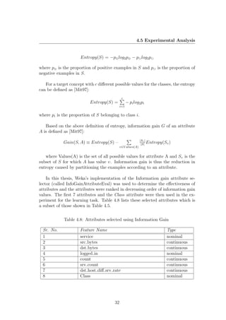 4.5 Experimental Analysis


                      Entropy(S) = −p⊕ log2 p⊕ − p log2 p

where p⊕ is the proportion of positive examples in S and p is the proportion of
negative examples in S.

   For a target concept with c diﬀerent possible values for the classes, the entropy
can be deﬁned as [Mit97]:
                                              c
                           Entropy(S) =            − pi log2 pi
                                             i=1

where pi is the proportion of S belonging to class i.

   Based on the above deﬁnition of entropy, information gain G of an attribute
A is deﬁned as [Mit97]:
                                                            |Sυ |
             Gain(S, A) ≡ Entropy(S) –                       |S|
                                                                  Entropy(Sυ )
                                             υ∈V alues(A)


   where Values(A) is the set of all possible values for attribute A and Sυ is the
subset of S for which A has value υ. Information gain is thus the reduction in
entropy caused by partitioning the examples according to an attribute.

    In this thesis, Weka’s implementation of the Information gain attribute se-
lector (called InfoGainAttributeEval) was used to determine the eﬀectiveness of
attributes and the attributes were ranked in decreasing order of information gain
values. The ﬁrst 7 attributes and the Class attribute were then used in the ex-
periment for the learning task. Table 4.8 lists these selected attributes which is
a subset of those shown in Table 4.5.


             Table 4.8: Attributes selected using Information Gain

  Sr. No.             Feature Name                                         Type
  1                   service                                              nominal
  2                   src bytes                                            continuous
  3                   dst bytes                                            continuous
  4                   logged in                                            nominal
  5                   count                                                continuous
  6                   srv count                                            continuous
  7                   dst host diﬀ srv rate                                continuous
  8                   Class                                                nominal




                                        32
 