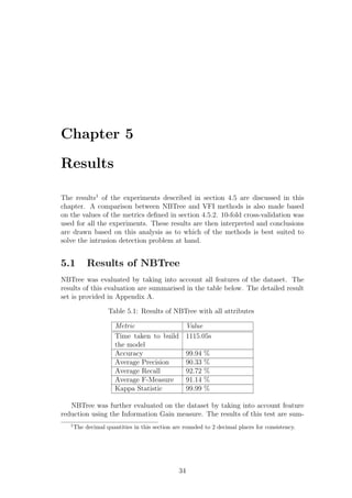 Chapter 5

Results

The results1 of the experiments described in section 4.5 are discussed in this
chapter. A comparison between NBTree and VFI methods is also made based
on the values of the metrics deﬁned in section 4.5.2. 10-fold cross-validation was
used for all the experiments. These results are then interpreted and conclusions
are drawn based on this analysis as to which of the methods is best suited to
solve the intrusion detection problem at hand.


5.1         Results of NBTree
NBTree was evaluated by taking into account all features of the dataset. The
results of this evaluation are summarised in the table below. The detailed result
set is provided in Appendix A.

                    Table 5.1: Results of NBTree with all attributes

                       Metric                        Value
                       Time taken to build           1115.05s
                       the model
                       Accuracy                      99.94   %
                       Average Precision             90.33   %
                       Average Recall                92.72   %
                       Average F-Measure             91.14   %
                       Kappa Statistic               99.99   %

   NBTree was further evaluated on the dataset by taking into account feature
reduction using the Information Gain measure. The results of this test are sum-
   1
       The decimal quantities in this section are rounded to 2 decimal places for consistency.




                                                34
 