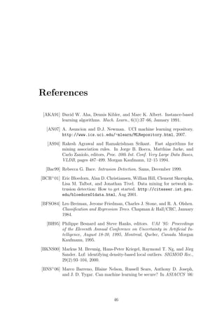 References

 [AKA91] David W. Aha, Dennis Kibler, and Marc K. Albert. Instance-based
         learning algorithms. Mach. Learn., 6(1):37–66, January 1991.

  [AN07] A. Asuncion and D.J. Newman. UCI machine learning repository.
         http://www.ics.uci.edu/~mlearn/MLRepository.html, 2007.

   [AS94] Rakesh Agrawal and Ramakrishnan Srikant. Fast algorithms for
          mining association rules. In Jorge B. Bocca, Matthias Jarke, and
          Carlo Zaniolo, editors, Proc. 20th Int. Conf. Very Large Data Bases,
          VLDB, pages 487–499. Morgan Kaufmann, 12–15 1994.

  [Bac99] Rebecca G. Bace. Intrusion Detection. Sams, December 1999.

[BCH+ 01] Eric Bloedorn, Alan D. Christiansen, Willian Hill, Clement Skorupka,
          Lisa M. Talbot, and Jonathan Tivel. Data mining for network in-
          trusion detection: How to get started. http://citeseer.ist.psu.
          edu/bloedorn01data.html, Aug 2001.

[BFSO84] Leo Breiman, Jerome Friedman, Charles J. Stone, and R. A. Olshen.
         Classiﬁcation and Regression Trees. Chapman & Hall/CRC, January
         1984.

  [BH95] Philippe Besnard and Steve Hanks, editors. UAI ’95: Proceedings
         of the Eleventh Annual Conference on Uncertainty in Artiﬁcial In-
         telligence, August 18-20, 1995, Montreal, Quebec, Canada. Morgan
         Kaufmann, 1995.

[BKNS00] Markus M. Breunig, Hans-Peter Kriegel, Raymond T. Ng, and J¨rg o
         Sander. Lof: identifying density-based local outliers. SIGMOD Rec.,
         29(2):93–104, 2000.

[BNS+ 06] Marco Barreno, Blaine Nelson, Russell Sears, Anthony D. Joseph,
          and J. D. Tygar. Can machine learning be secure? In ASIACCS ’06:




                                     46
 