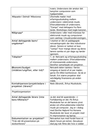 tværs. Undervisere der ønsker det
                                  benytter computeren som
                                  hjælpemiddel.
Milepæler/ Delmål/ Milestones     Uformelle møder med
                                  erfaringsudveksling mellem
                                  undervisere i elektronisk musik.
                                  Efteruddannelse af undervisere.
                                  ”Camps” med deltagere fra flere
                                  lande. Workshops med nogle kanoner.
Målgrupp*                         Undervisere i eller med interesse for
                                  elektronisk musik og computeren
                                  som værktøj i (musik)undervisningen.
Antal deltagande barn/            I starten er det et pædagogisk
ungdomar*                         netværksprojekt der ikke indvolverer
                                  elever. Senere er tanken at lave
                                  ”camps” hvor mange elever og deres
                                  lærere samles et par dage og nørder
                                  igennem.
Tidsplan*                         1. år: Netværk og erfaringsudveksling
                                  mellem undervisere. Efteruddannelse
                                  af interesserede undervisere.
                                  Derefter samarbejde om projekter.
Økonomi/budget                    Netværk-delen tænkes i første
(intäkter/utgifter, eller tid)*   omgang at bestå af et par møder,
                                  gerne ifm KRUt konferencer. Så de er
                                  betalt. Evt større projekter skal
                                  selvfølgelig finansieres på anden
                                  måde.
Kontaktperson/projektledare i     Niels Ulbrandt, Århus Musikskole.
projektet (lärare)*

Projektorganisation

Antal deltagande lärare (inte     Ja det skal bli spændende :-)
bara KRUtare)*                    Forhåbentlig en del. På Århus
                                  Musikskole har en del lærere ytret
                                  ønske om efteruddannelse indenfor
                                  musik på computer. Jeg er i dialog
                                  med Dorthe Højlund fra Horsens
                                  Musikskole der laver et projekt med
                                  fri improvisation og laptop.
Dokumentation av projektet*       Netværket kan med fordel have et
”Från idé till presentation på    åbent forum på nettet. Derudover
slutkonferens”                    skal jeg nok filme det hvis vi sidder
 