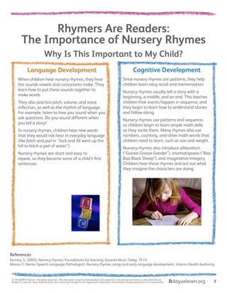 Why Is This Important to My Child?
Language Development
When children hear nursery rhymes, they hear
the sounds vowels and consonants make. They
learn how to put these sounds together to
make words.
They also practice pitch, volume, and voice
inflection, as well as the rhythm of language.
For example, listen to how you sound when you
ask questions. Do you sound different when
you tell a story?
In nursery rhymes, children hear new words
that they would not hear in everyday language
(like fetch and pail in “Jack and Jill went up the
hill to fetch a pail of water”).
Nursery rhymes are short and easy to
repeat, so they become some of a child’s first
sentences.
Cognitive Development
Since nursery rhymes are patterns, they help
children learn easy recall and memorization.
Nursery rhymes usually tell a story with a
beginning, a middle, and an end. This teaches
children that events happen in sequence, and
they begin to learn how to understand stories
and follow along.
Nursery rhymes use patterns and sequence,
so children begin to learn simple math skills
as they recite them. Many rhymes also use
numbers, counting, and other math words that
children need to learn, such as size and weight.
Nursery rhymes also introduce alliteration
(“Goosie Goosie Gander”), onomatopoeia (“Baa
Baa Black Sheep”), and imaginative imagery.
Children hear these rhymes and act out what
they imagine the characters are doing.
Rhymers Are Readers:
The Importance of Nursery Rhymes
Kenney, S. (2005). Nursery rhymes: Foundations for learning. General Music Today, 19 (1).
Monro, F. (Senior Speech-Language Pathologist). Nursery rhymes, songs and early language development. Interior Health Authority.
References
© 2010 KBYU Eleven. All rights reserved. This document may be downloaded and copied for noncommercial home or educational use.
Ready To Learn®; View, Read & Do®; and Learning Triangle ® are registered trademarks of the Public Broadcasting Service Corporation. 7
 