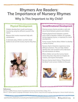 Why Is This Important to My Child?
Kenney, S. (2005). Nursery rhymes: Foundations for learning. General Music Today, 19 (1).
Monro, F. (Senior Speech-Language Pathologist). Nursery rhymes, songs and early language development. Interior Health Authority.
Physical Development
Children develop their mouth and tongue
muscles by using the different sounds in the
rhyme.
Rhymes that involve movement help with
coordination.
In dramatic play, children use their whole
bodies to act out the nursery rhymes they hear.
Social/Emotional Development
Sharing nursery rhymes provides a safe and
secure bond between parents and children.
Positive physical touch between a parent
and a child or between children, for example,
during clapping rhymes, is important for social
development.
Funny nursery rhymes allow children to develop
a sense of humor.
Nursery rhyme characters experience many
different emotions. This can help children
identify their own emotions and understand
the real emotions of others.
When children act out the nursery rhyme
stories they hear, they learn to imagine, be
creative, and express themselves.
Nursery rhymes teach history (“Ring Around
the Rosie”) and connect children to the past.
Rhymers Are Readers:
The Importance of Nursery Rhymes
References
© 2010 KBYU Eleven. All rights reserved. This document may be downloaded and copied for noncommercial home or educational use.
Ready To Learn®; View, Read & Do®; and Learning Triangle ® are registered trademarks of the Public Broadcasting Service Corporation. 8
 