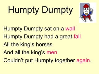 Humpty Dumpty Humpty Dumpty sat on a  wall Humpty Dumpty had a great  fall All the king’s horses And all the king’s  men Couldn’t put Humpty together  again . 