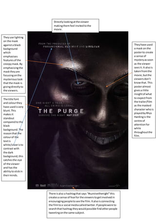Theyhave used
a mask on the
posterto create
a sense of
mysteryassoon
as the viewer
seesit.It alsois
takenfromthe
movie,butthe
viewersdon’t
knowthat. This
posteralmost
givesa little
insightof what
to expectfrom
the trailer/film
as the masked
character whois
playedbyRhys
Hardingis the
centre of
attentionfor
while
throughoutthe
film.
Theyuse lighting
on the mask
againsta black
background
which
emphasises
featuresof the
creepymask. By
emphasisingthe
masktheyare
focusingonthe
mysteriouslook
that the mask is
givingdirectlyto
the viewers.
The title font
and colourthey
have usedisvery
blunt.This
makesit
standout
comparedto the
black
background. The
reasonthat the
colourof the
textis
white/silveristo
contrast with
the dark
background,this
catchesthe eye
of the viewer
and has the
abilitytostickin
theirminds.
There isalso a hashtagthat says “#survivethenight”this
createsa sense of fearfor the viewerstogetinvolvedin
encouragingpeopletosee the film. Italsoisconnecting
the filmtoa social mediacalledtwitter.If peoplewere to
searchthat hashtag theywouldpossible findotherpeople
tweetingonthe same subject.
Directlylookingatthe viewer
makingthemfeel invitedtothe
movie.
 