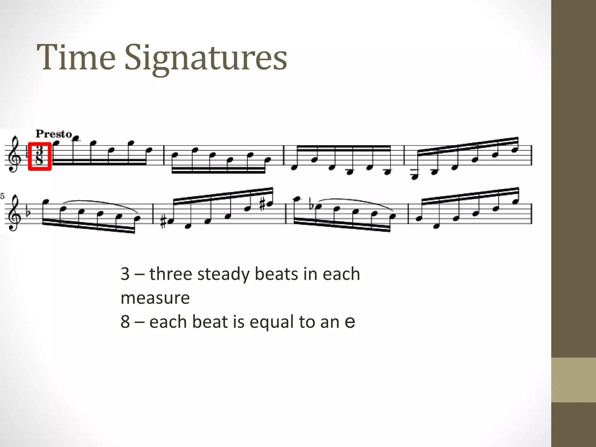 Time Signatures
3 – three steady beats in each
measure
8 – each beat is equal to an e
 