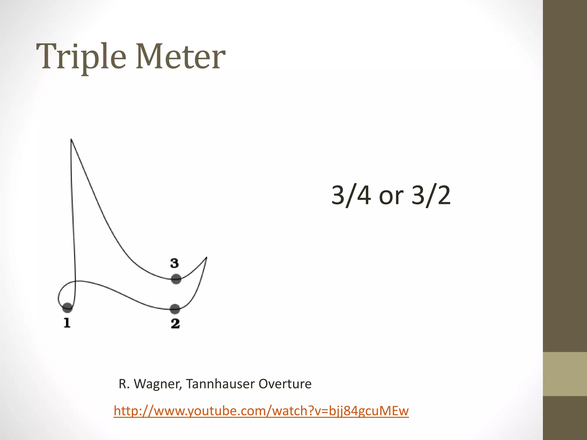 Triple Meter
3/4 or 3/2
http://www.youtube.com/watch?v=bjj84gcuMEw
R. Wagner, Tannhauser Overture
 