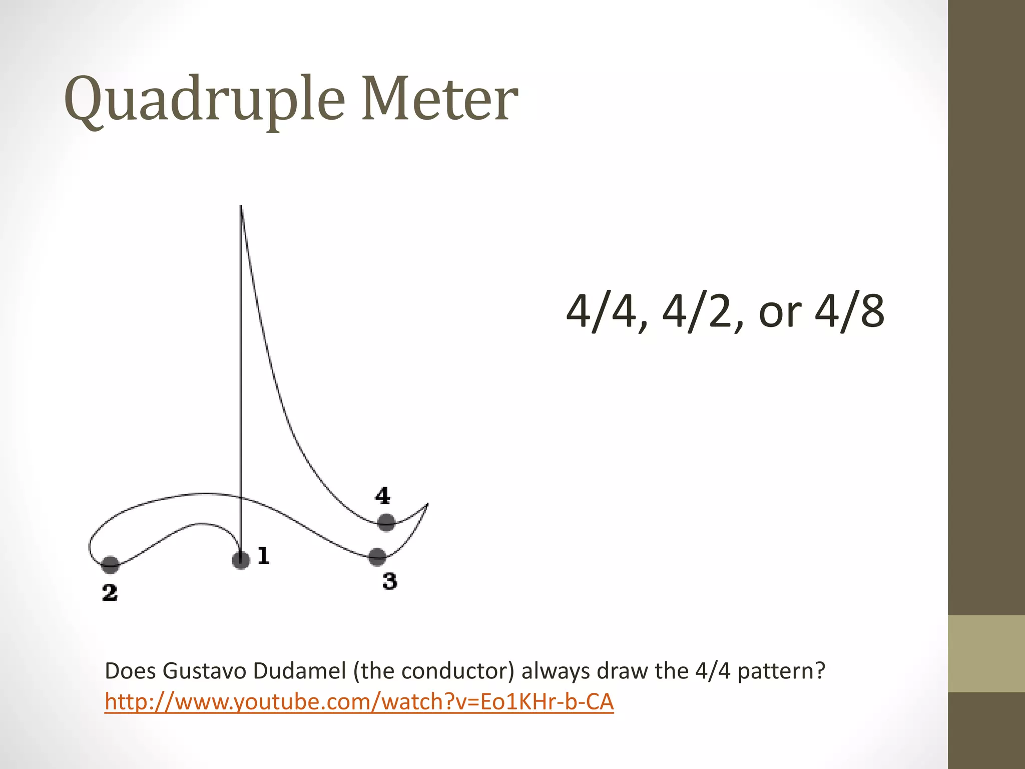 Quadruple Meter
4/4, 4/2, or 4/8
Does Gustavo Dudamel (the conductor) always draw the 4/4 pattern?
http://www.youtube.com/watch?v=Eo1KHr-b-CA
 