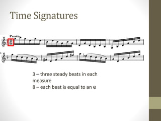 Time Signatures
3 – three steady beats in each
measure
8 – each beat is equal to an e
 