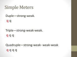 Simple Meters
Duple—strong-weak.
q q
Triple—strong-weak-weak.
q q q
Quadruple—strong-weak- weak-weak
q q q q
 