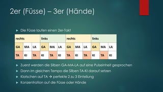 2er (Füsse) – 3er (Hände)
 Die Füsse laufen einen 2er-Takt
 Zuerst werden die Silben GA-MA-LA auf eine Pulseinheit gesprochen
 Dann im gleichen Tempo die Silben TA-KI darauf setzen
 Klatschen auf TA  perfekte 2 zu 3 Einteilung
 Konzentration auf die Füsse oder Hände
rechts links rechts links
GA MA LA GA MA LA GA MA LA GA MA LA
TA KI TA KI TA KI TA KI TA KI TA KI
 