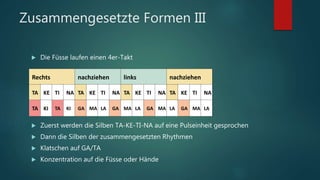 Zusammengesetzte Formen III
 Die Füsse laufen einen 4er-Takt
 Zuerst werden die Silben TA-KE-TI-NA auf eine Pulseinheit gesprochen
 Dann die Silben der zusammengesetzten Rhythmen
 Klatschen auf GA/TA
 Konzentration auf die Füsse oder Hände
Rechts nachziehen links nachziehen
TA KE TI NA TA KE TI NA TA KE TI NA TA KE TI NA
TA KI TA KI GA MA LA GA MA LA GA MA LA GA MA LA
 
