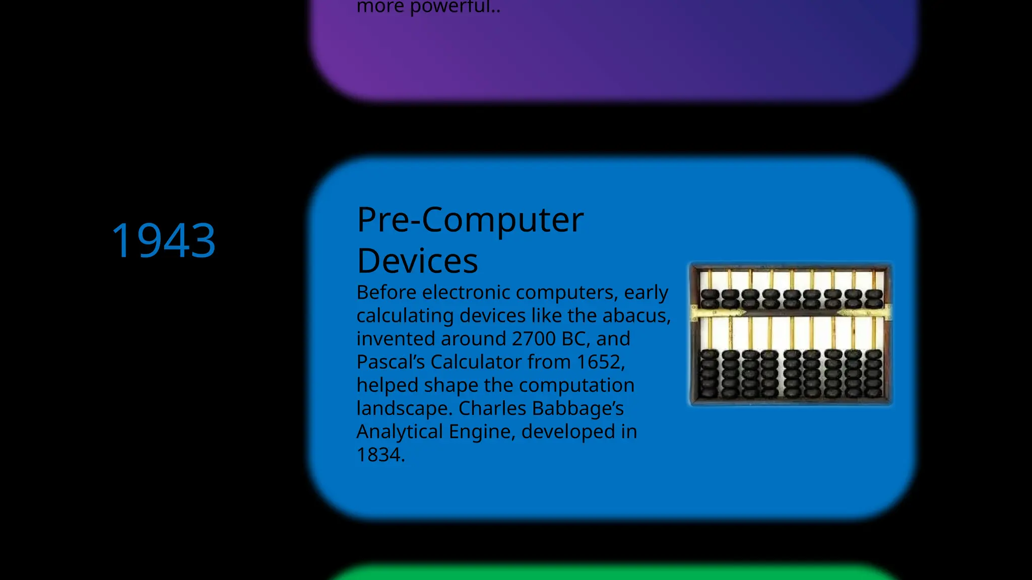 more powerful..
Pre-Computer
Devices
Before electronic computers, early
calculating devices like the abacus,
invented around 2700 BC, and
Pascal’s Calculator from 1652,
helped shape the computation
landscape. Charles Babbage’s
Analytical Engine, developed in
1834.
1834
1943
1946
1959
 