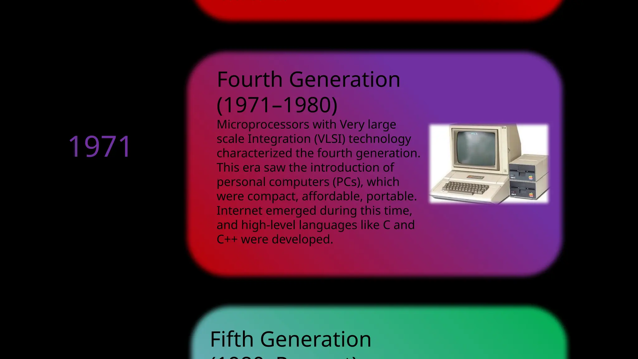 6000 series.
Fifth Generation
Fourth Generation
(1971–1980)
Microprocessors with Very large
scale Integration (VLSI) technology
characterized the fourth generation.
This era saw the introduction of
personal computers (PCs), which
were compact, affordable, portable.
Internet emerged during this time,
and high-level languages like C and
C++ were developed.
1959
1965
1971
1980
2025
 