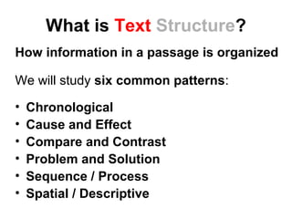What is Text Structure? 
How information in a passage is organized 
We will study six common patterns: 
• Chronological 
• Cause and Effect 
• Compare and Contrast 
• Problem and Solution 
• Sequence / Process 
• Spatial / Descriptive 
 