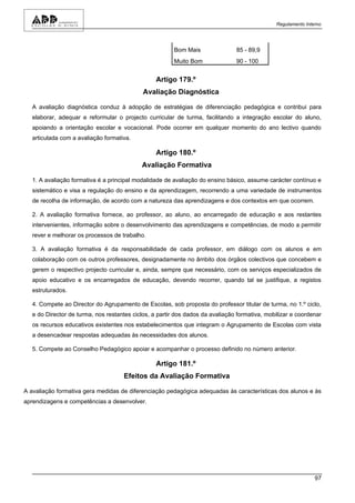 Regulamento Interno




                                                         Bom Mais               85 - 89,9
                                                         Muito Bom              90 - 100


                                                  Artigo 179.º
                                             Avaliação Diagnóstica

   A avaliação diagnóstica conduz à adopção de estratégias de diferenciação pedagógica e contribui para
   elaborar, adequar e reformular o projecto curricular de turma, facilitando a integração escolar do aluno,
   apoiando a orientação escolar e vocacional. Pode ocorrer em qualquer momento do ano lectivo quando
   articulada com a avaliação formativa.

                                                  Artigo 180.º
                                            Avaliação Formativa

   1. A avaliação formativa é a principal modalidade de avaliação do ensino básico, assume carácter contínuo e
   sistemático e visa a regulação do ensino e da aprendizagem, recorrendo a uma variedade de instrumentos
   de recolha de informação, de acordo com a natureza das aprendizagens e dos contextos em que ocorrem.

   2. A avaliação formativa fornece, ao professor, ao aluno, ao encarregado de educação e aos restantes
   intervenientes, informação sobre o desenvolvimento das aprendizagens e competências, de modo a permitir
   rever e melhorar os processos de trabalho.

   3. A avaliação formativa é da responsabilidade de cada professor, em diálogo com os alunos e em
   colaboração com os outros professores, designadamente no âmbito dos órgãos colectivos que concebem e
   gerem o respectivo projecto curricular e, ainda, sempre que necessário, com os serviços especializados de
   apoio educativo e os encarregados de educação, devendo recorrer, quando tal se justifique, a registos
   estruturados.

   4. Compete ao Director do Agrupamento de Escolas, sob proposta do professor titular de turma, no 1.º ciclo,
   e do Director de turma, nos restantes ciclos, a partir dos dados da avaliação formativa, mobilizar e coordenar
   os recursos educativos existentes nos estabelecimentos que integram o Agrupamento de Escolas com vista
   a desencadear respostas adequadas às necessidades dos alunos.

   5. Compete ao Conselho Pedagógico apoiar e acompanhar o processo definido no número anterior.

                                                  Artigo 181.º
                                     Efeitos da Avaliação Formativa

A avaliação formativa gera medidas de diferenciação pedagógica adequadas às características dos alunos e às
aprendizagens e competências a desenvolver.




                                                                                                               97
 
