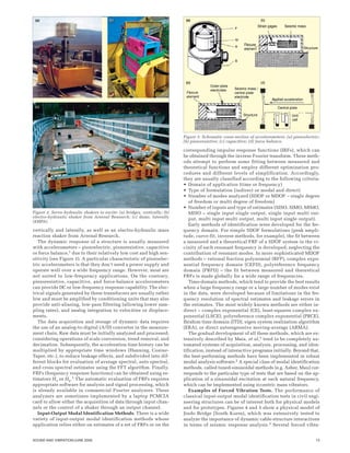 13SOUND AND VIBRATION/JUNE 2006
vertically and laterally, as well as an electro-hydraulic mass
reaction shaker from Arsenal Research.
The dynamic response of a structure is usually measured
with accelerometers – piezoelectric, piezoresistive, capacitive
or force balance,1 due to their relatively low cost and high sen-
sitivity (see Figure 3). A particular characteristic of piezoelec-
tric accelerometers is that they don’t need a power supply and
operate well over a wide frequency range. However, most are
not suited to low-frequency applications. On the contrary,
piezoresistive, capacitive, and force-balance accelerometers
can provide DC or low-frequency response capability. The elec-
trical signals generated by these transducers are usually rather
low and must be amplified by conditioning units that may also
provide anti-aliasing, low-pass filtering (allowing lower sam-
pling rates), and analog integration to velocities or displace-
ments.
The data acquisition and storage of dynamic data requires
the use of an analog-to-digital (A/D) converter in the measure-
ment chain. Raw data must be initially analyzed and processed;
considering operations of scale conversion, trend removal, and
decimation. Subsequently, the acceleration time history can be
multiplied by appropriate time windows (Hanning, Cosine-
Taper, etc.), to reduce leakage effects, and subdivided into dif-
ferent blocks for evaluation of average spectral, auto spectral,
and cross spectral estimates using the FFT algorithm. Finally,
FRFs (frequency response functions) can be obtained using es-
timators H1 or H2.1 The automatic evaluation of FRFs requires
appropriate software for analysis and signal processing, which
is already available in commercial Fourier analyzers. These
analyzers are sometimes implemented by a laptop PCMCIA
card to allow either the acquisition of data through input chan-
nels or the control of a shaker through an output channel.
Input-Output Modal Identification Methods. There is a wide
variety of input-output modal identification methods whose
application relies either on estimates of a set of FRFs or on the
corresponding impulse response functions (IRFs), which can
be obtained through the inverse Fourier transform. These meth-
ods attempt to perform some fitting between measured and
theoretical functions and employ different optimization pro-
cedures and different levels of simplification. Accordingly,
they are usually classified according to the following criteria:
• Domain of application (time or frequency)
• Type of formulation (indirect or modal and direct)
• Number of modes analyzed (SDOF or MDOF – single degree
of freedom or multi degree of freedom)
• Number of inputs and type of estimates (SISO, SIMO, MIMO,
MISO – single input single output, single input multi out-
put, multi input multi output, multi input single output).
Early methods of identification were developed for the fre-
quency domain. For simple SDOF formulations (peak ampli-
tude, curve-fit, inverse methods, for example), the fit between
a measured and a theoretical FRF of a SDOF system in the vi-
cinity of each resonant frequency is developed; neglecting the
contribution of resonant modes. In more sophisticated MDOF
methods – rational fraction polynomial (RFP), complex expo-
nential frequency domain (CEFD), polyreference frequency
domain (PRFD) – the fit between measured and theoretical
FRFs is made globally for a wide range of frequencies.
Time-domain methods, which tend to provide the best results
when a large frequency range or a large number of modes exist
in the data, were developed because of limitations in the fre-
quency resolution of spectral estimates and leakage errors in
the estimates. The most widely known methods are either in-
direct – complex exponential (CE), least-squares complex ex-
ponential (LSCE), polyreference complex exponential (PRCE),
Ibrahim time domain (ITD), eigen system realization algorithm
(ERA), or direct autoregressive moving-average (ARMA).
The gradual development of all these methods, which are ex-
tensively described by Maia, et al,1 tend to be completely au-
tomated systems of acquisition, analysis, processing, and iden-
tification, instead of interactive programs initially. Beyond that,
the best-performing methods have been implemented in robust
modal analysis software.2 A special class of modal identification
methods, called tuned-sinusoidal methods (e.g. Asher, Mau) cor-
responds to the particular type of tests that are based on the ap-
plication of a sinusoidal excitation at each natural frequency,
which can be implemented using eccentric mass vibrators.
Examples of Forced Vibration Tests. The performance of
classical input-output modal identification tests in civil engi-
neering structures can be of interest both for physical models
and for prototypes. Figures 4 and 5 show a physical model of
Jindo Bridge (South Korea), which was extensively tested to
analyze the importance of dynamic cable-structure interactions
in terms of seismic response analysis.3 Several forced vibra-
Figure 2. Servo-hydraulic shakers to excite: (a) bridges, vertically; (b)
electro-hydraulic shaker from Arsenal Research; (c) dams, laterally
(EMPA).
Figure 3. Schematic cross-section of accelerometers: (a) piezoelectric;
(b) piezoresistive; (c) capacitive; (d) force balance.
 