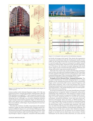 17SOUND AND VIBRATION/JUNE 2006
torsion modes in the relevant frequency range of 0-1 Hz was
performed at first7 using the PP method. Subsequently, SSI and
FDD methods were applied30,31 and compared using the soft-
ware MACEC24 and ARTeMIS32. This lead to estimates of modal
damping factors, although very accurate damping estimates
require longer measurement periods. Figure 15 shows the sin-
gular value spectra and a stabilization diagram generated by
these two methods, while Figure 16 presents plots of some fun-
damental modes.
Note that the existence of cable components in the analysis
frequency range can make identification of global natural fre-
quencies difficult. Figures 17c and 17d show PSD (power spec-
tral density) functions concerning the ambient response of the
international Guadiana cable stayed-bridge (Figure 17a – link-
ing Portugal to Spain in Algarve), evaluated with three differ-
ent levels of average wind speed. This shows the appearance
of spectral contributions from the fundamental modes of stay
cables (in the range 0.6-0.9 Hz) or second harmonics leading
to spectral peaks that cannot be interpreted as global natural
frequencies of the bridge. Inspection of the spectral peaks (Fig-
ure 17b) shows the increase of modal damping with wind
speed, which can be evaluated through ambient vibration tests
using sufficiently long measurement periods.33
Note that the output-only modal identification technique
used in Vasco da Gama and Guadiana bridges by FEUP has been
recently applied with great success to the dynamic tests at the
commissioning stage of the outstanding Millau viaduct, coor-
dinated by Grillaud and Flamand (CSTB, France).34
Examples of Free Vibration Tests – Damping Estimation. The
accurate identification of modal damping factors is a major
problem in the identification process due to the considerably
larger scatter associated with various natural frequency and
mode shape estimates. This is also true because the viscous
damping assumption does not correspond exactly to real damp-
ing characteristics. The modal damping ratios increase gradu-
ally with levels of oscillation.
In several circumstances, the accurate identification of modal
damping factors is required, which is frequently achieved by
performing a free vibration test. This situation is unique to large
and slender cable-stayed or suspension bridges where knowl-
edge of certain damping factors is crucial for assessing
aeroelastic instability problems. Such tests have been per-
formed at Normandy, Vasco da Gama, or Millau bridges. At
Vasco da Gama Bridge, the test was made by suspending a barge
on a cable with a mass of 60 tons from an eccentric point at
the deck (Figure 18a)7 at one-third span upstream. The cable
was cut when the tide became low and the wind speed of less
than 3 m/s to avoid the influence of aerodynamic damping. The
sudden release of the mass caused a free vibration response,
which was measured over 16 minutes by six triaxial seismo-
graphs at one-half and one-third span cross-sections. Similar
techniques can be used on other structures, as is the case for
Mode 4
(b)(a)
Mode 1
Figure 13. (a) Heritage Court Tower; (b) two identified mode shapes; (c)
ANPSD spectra.
68
73
78
83
StateSpaceDimension
Frequency, Hz
0 0.3 0.6 0.9 1.2
(b)
Frequency, Hz
0 0.3 0.6 0.9 1.2
dB|1.0/Hz
-60
-40
-20
0
20
(a)
Figure 15. (a) Singular-value spectra; (b) stabilization diagram.
Figure 14. View of Vasco da Gama Bridge.
(c)
1.0
0 2 4 6 8 10 12
Frequency, Hz
ANPSD,E-W
1 x 10-5
1 x 10-6
1.0
0 2 4 6 8 10 12
Frequency, Hz
ANPSD,N-S
Half-sum
Half-diff.
 