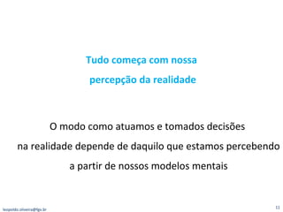 Tudo começa com nossa  percepção da realidade O modo como atuamos e tomados decisões  na realidade depende de daquilo que estamos percebendo a partir de nossos modelos mentais [email_address] 