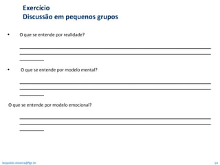 O que se entende por realidade? ________________________________________________________________________________________________________________________________________________________________________ O que se entende por modelo mental? ________________________________________________________________________________________________________________________________________________________________________ O que se entende por modelo emocional? ________________________________________________________________________________________________________________________________________________________________________ Exercício  Discussão em pequenos grupos  [email_address] 