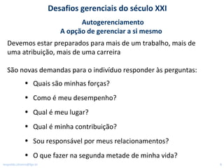 Autogerenciamento A opção de gerenciar a si mesmo  Devemos estar preparados para mais de um trabalho, mais de   uma atribuição, mais de uma carreira São novas demandas para o indivíduo responder às perguntas: Quais são minhas forças? Como é meu desempenho? Qual é meu lugar? Qual é minha contribuição? Sou responsável por meus relacionamentos? O que fazer na segunda metade de minha vida? Desafios gerenciais do século XXI [email_address] 