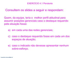 Quem, da equipe, teria o  melhor perfil atitudinal para assumir posições gerenciais caso o destaque requerido pela situação fosse: em cada uma das redes gerenciais; caso o destaque requerido fosse em cada um dos espaços de atuação; caso o indicado não devesse apresentar nenhum sobre-esforço. EXERCÍCIO 4.1 Pendente  Consultem os slides a seguir e respondam: [email_address] 