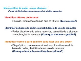 Micro-análise do poder - o que observar: Poder e influência estão no cerne do trabalho executivo Identificar Atores poderosos - Posição, reputação e temas que os  atraem  (Quem manda?) Identificar as bases de poder e as habilidades de uso de cada Ator - Poder discricionário sobre recursos, centralidade e alcance   na aplicação de recursos  (Com qual modelo – gestão?) Identificar como e para qual fim cada Ator usa seu poder - Diagnóstico, controle emocional, escolha situacional da   base de poder, flexibilidade no uso de recursos   (Com que intenção – motivação – valores?) 