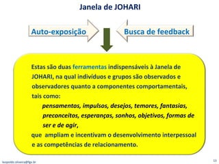 Janela de JOHARI [email_address] Auto-exposição Busca de feedback Estas são duas  ferramentas  indispensáveis à Janela de JOHARI, na qual indivíduos e grupos são observados e observadores quanto a componentes comportamentais, tais como: pensamentos, impulsos, desejos, temores, fantasias, preconceitos, esperanças, sonhos, objetivos, formas de ser e de agir ,  que  ampliam e incentivam o desenvolvimento interpessoal e as competências de relacionamento.  