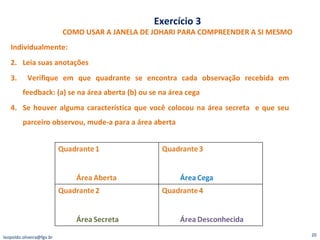 Exercício 3 COMO USAR A JANELA DE JOHARI PARA COMPREENDER A SI MESMO Individualmente: Leia suas anotações Verifique em que quadrante se encontra cada observação recebida em feedback: (a) se na área aberta (b) ou se na área cega Se houver alguma característica que você colocou na área secreta  e que seu parceiro observou, mude-a para a área aberta [email_address] 
